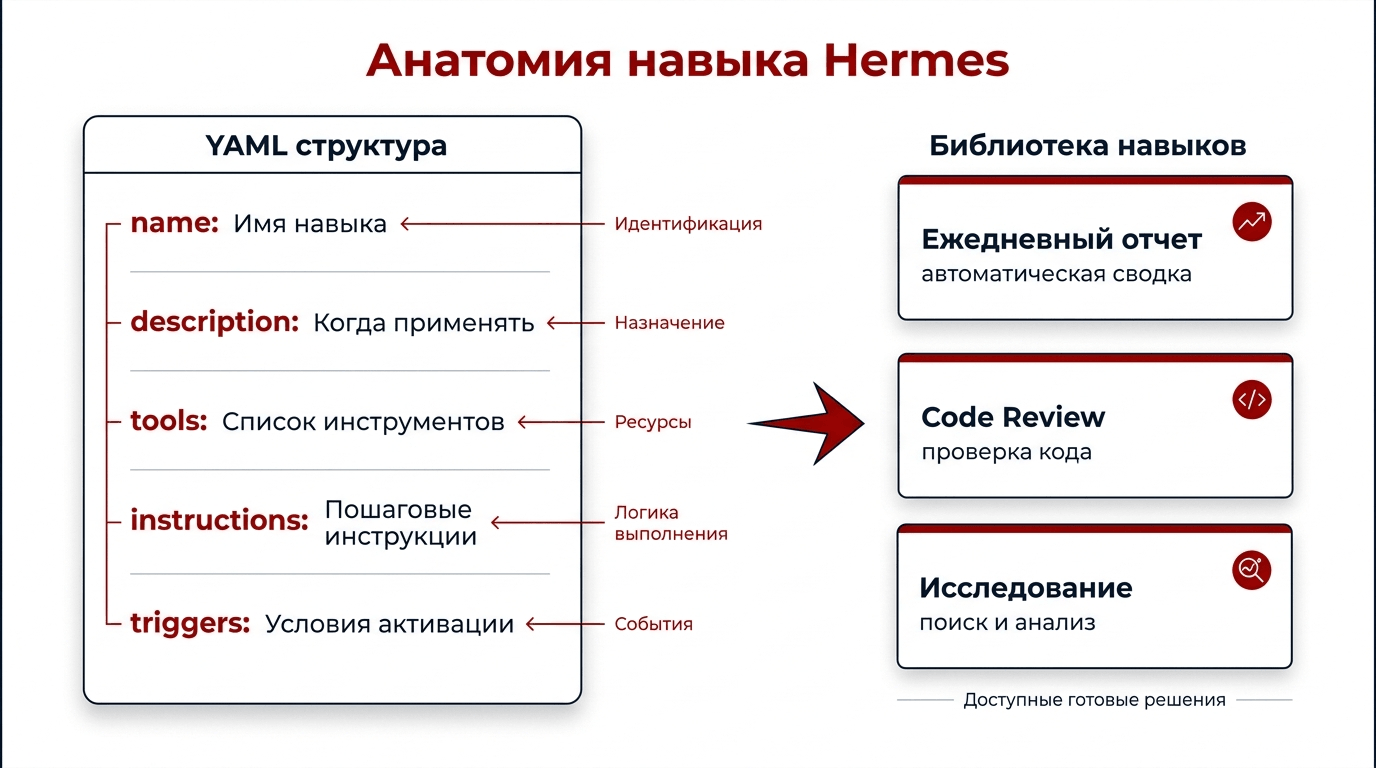 Структура навыка Hermes Agent - метаданные, инструменты, инструкции, шаблоны