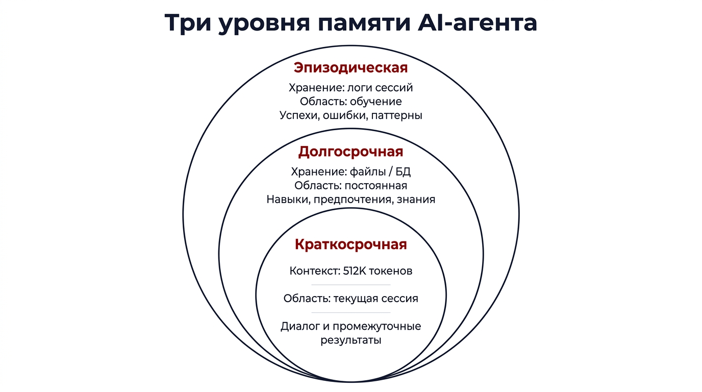 Три уровня памяти AI-агента Hermes - краткосрочная, долгосрочная и эпизодическая