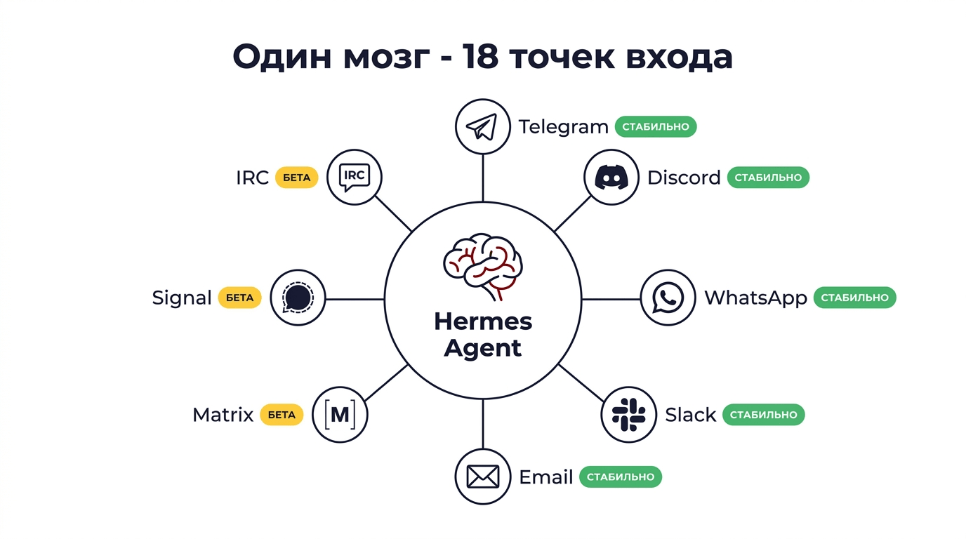 18+ мессенджер-адаптеров Hermes Agent
