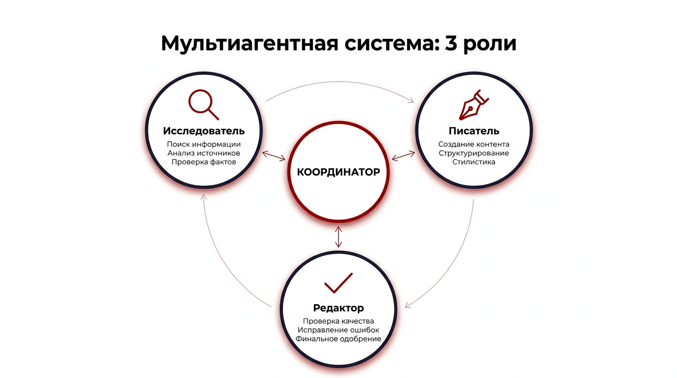 Мультиагентная система - менеджер координирует исследователя, писателя и редактора