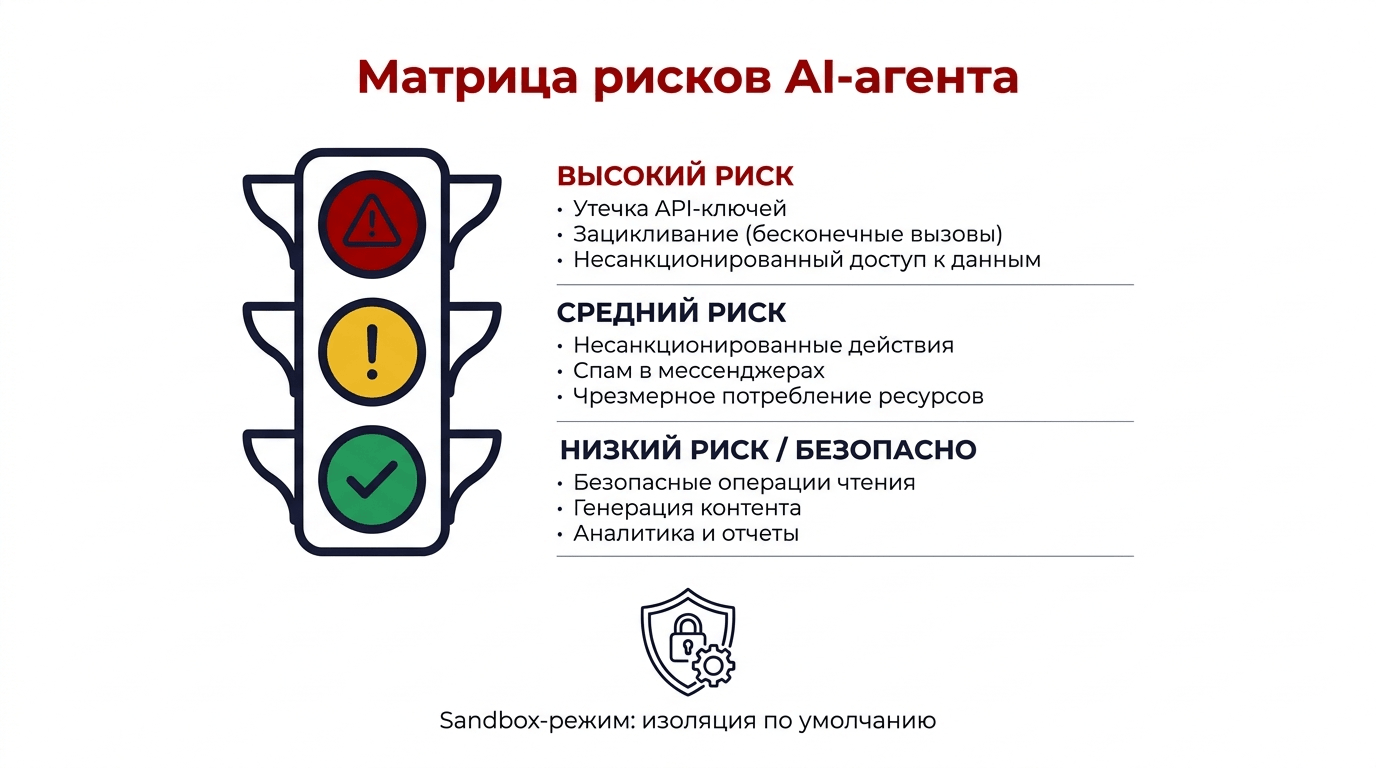 Пять категорий рисков AI-агентов - утечки, действия, спам, циклы, социальная инженерия