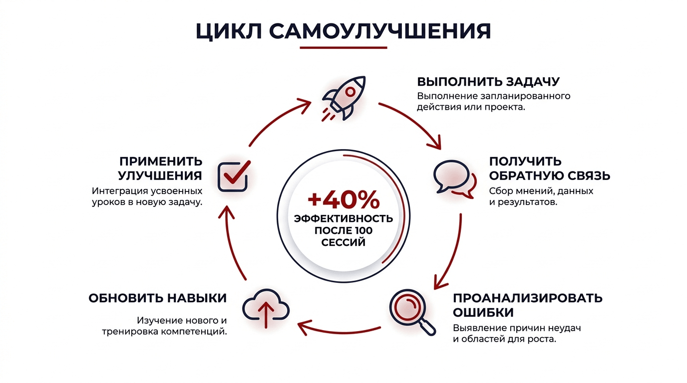 Цикл самоулучшения AI-агента - выполнение, обратная связь, анализ, обновление, применение