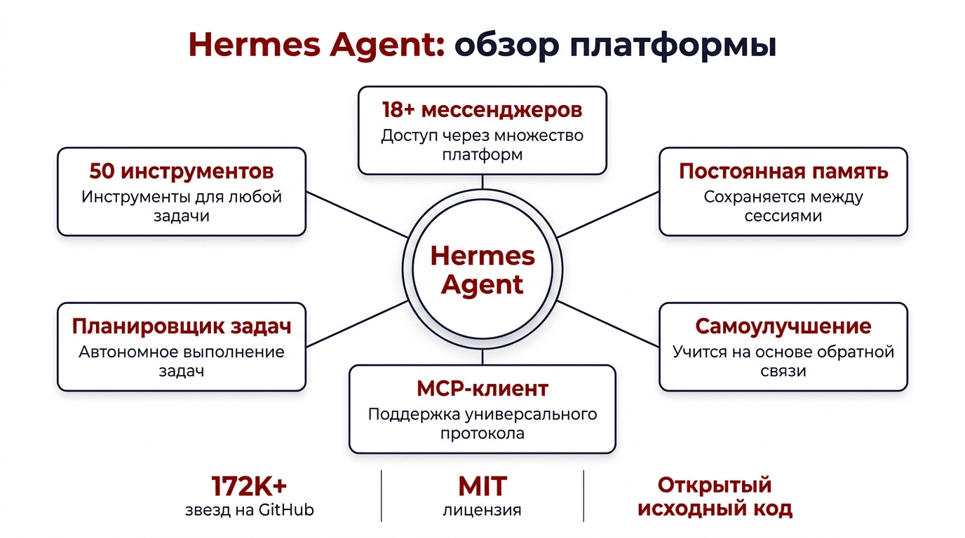 Hermes Agent - 50 инструментов, 18 адаптеров, MCP-клиент