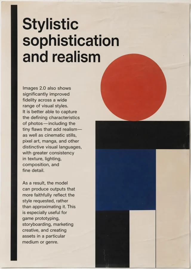 Созданный с помощью ChatGPT Картинки 2.0, этот минималистичный редакционный постер под названием «Стилистическая выразительность и реализм» с помощью броской типографики и геометрических форм в красном, синем, чёрном и кремовом цветах показывает, насколько точнее модель передаёт разные визуальные стили — от фотографии и иллюстрации до манги, пиксель-арта и других форматов.