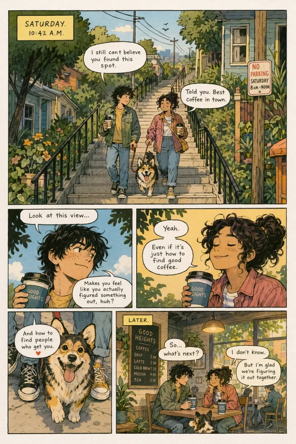 Созданная с помощью ChatGPT Картинки 2.0, эта страница современного инди-комикса показывает двух молодых людей, разговаривающих на крыше на закате о неопределённости и близости; в ней используются приглушённые цвета, выразительная графика персонажей и вдумчивые диалоги в кинематографичных городских панелях.