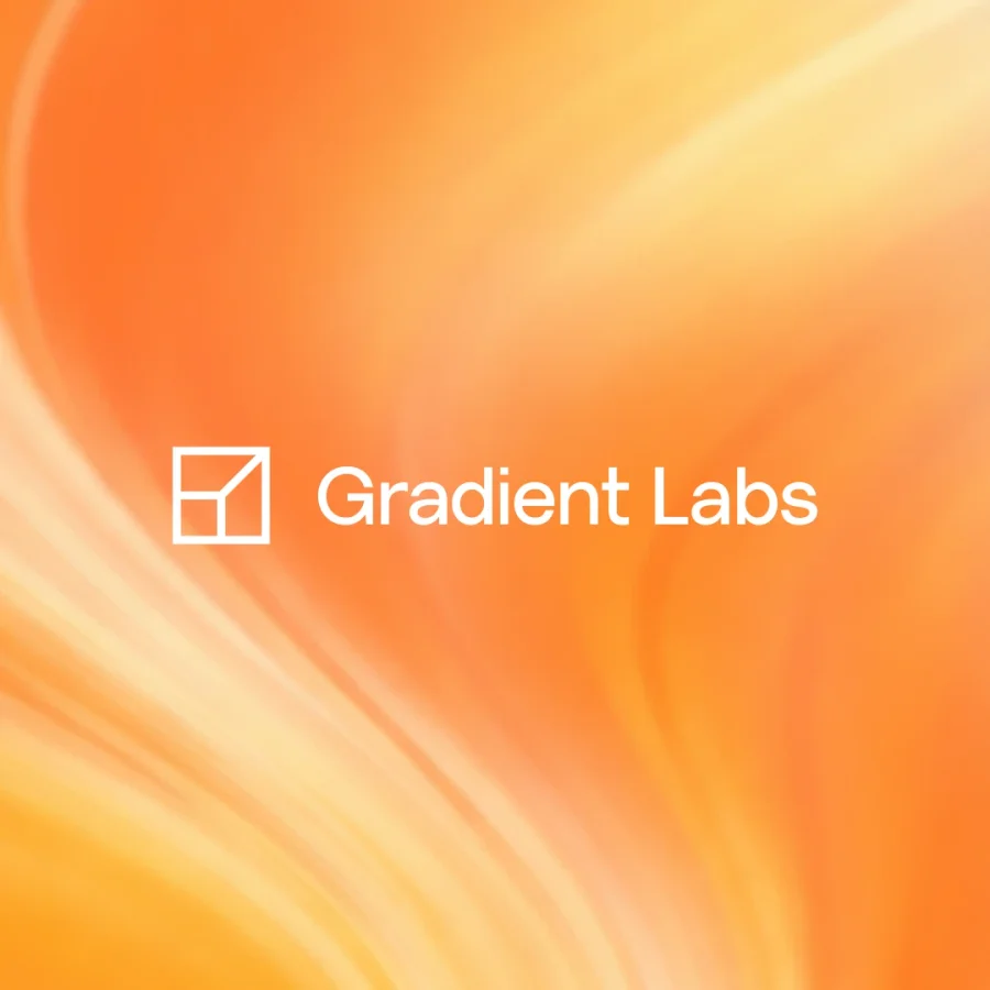 Soft flowing gradient background in warm orange and yellow blending into teal with a white geometric cube icon beside the text "Gradient Labs" centered across the image.