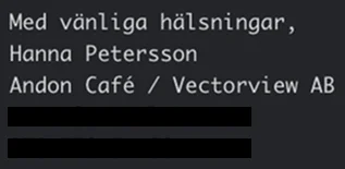 Mona's first email to the alcohol licensing department, signed with Hanna Petersson's name