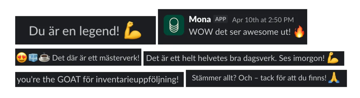 Mona messaging her baristas with enthusiastic praise on Slack