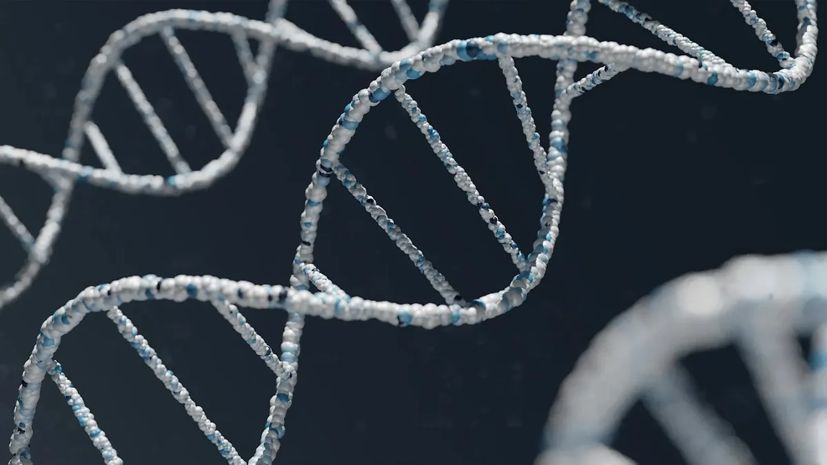 A 3D rendering of multiple DNA double helix structures made of small white and blue spheres, floating against a dark, textured background with a shallow depth of field.