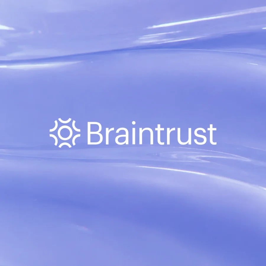 Braintrust logo on an abstract blue background.