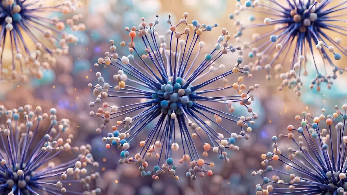 A stylized 3D digital illustration of microscopic, vibrant protein or cellular structures with radiating purple stems and multi-colored nodes against a soft, bokeh-effect background.