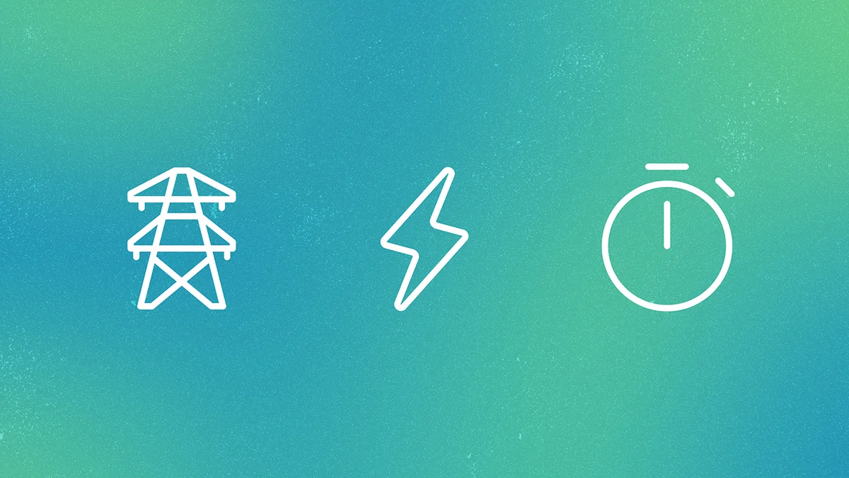 Three white line icons—a transmission tower, a lightning bolt, and a stopwatch—displayed on a teal-to-green gradient background with a subtle textured pattern.