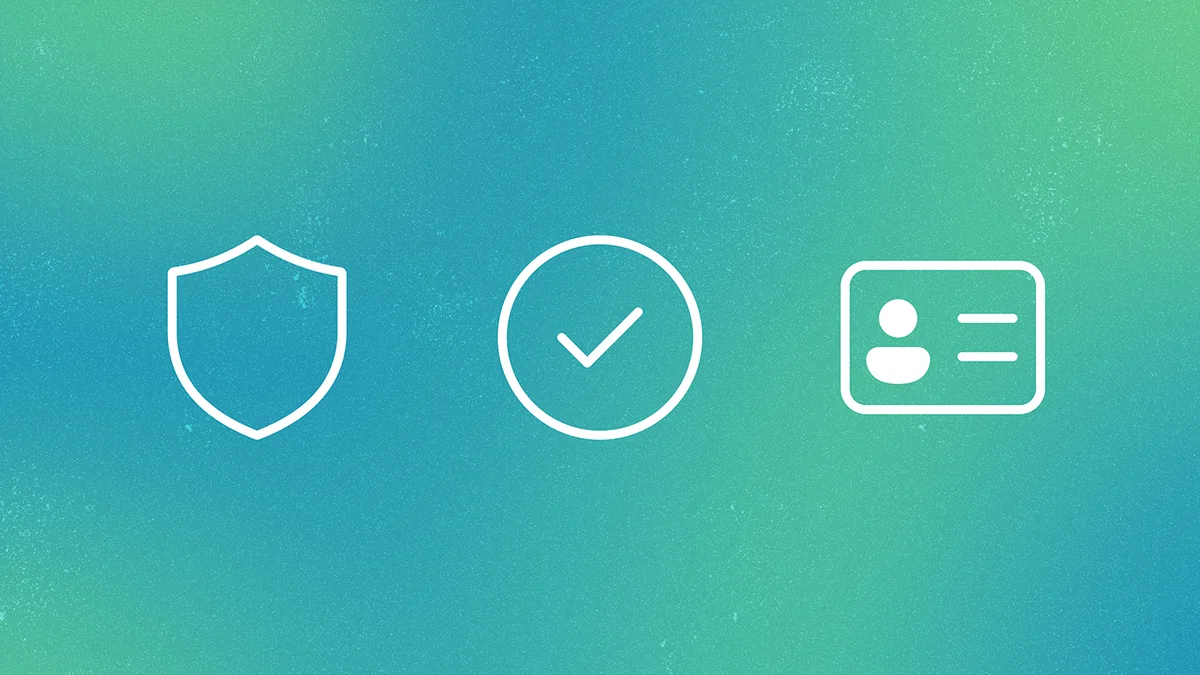 Three white line-style icons centered on a textured blue-to-green gradient background: a shield, a checkmark inside a circle, and an ID card with a user silhouette—representing security, verification, and digital identity.