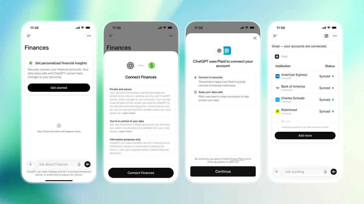 Four mobile app screens showing the process of connecting financial accounts to ChatGPT
