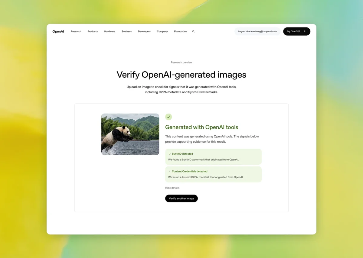 OpenAI webpage showing a verification result for an uploaded image, confirming it was generated with OpenAI tools based on detected SynthID and Content Credentials signals.