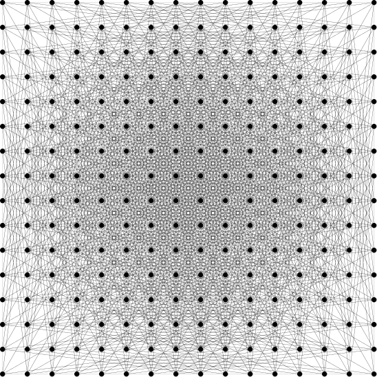 Dense black network graph with interconnected nodes forming a square pattern.