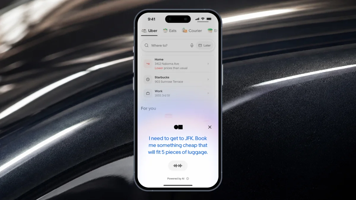 A still image of a mobile Uber app voice booking experience with natural-language ride recommendations.
