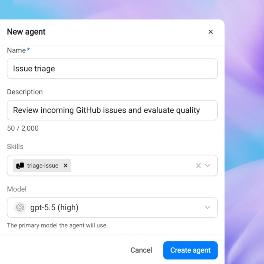 Screenshot of the new agent setup flow in Warp's Oz interface.