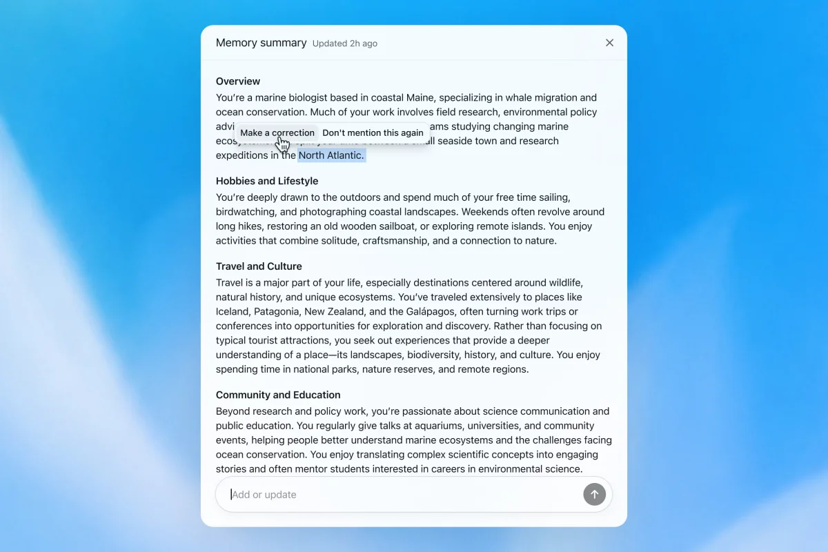 Memory summary modal showing a personalized overview of a user’s work, hobbies, travel interests, and community involvement, with options to correct or dismiss specific details.