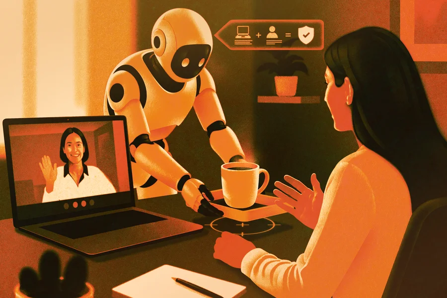 Illustration of a woman doing a video call while an android sets a mug of coffee on her desk.