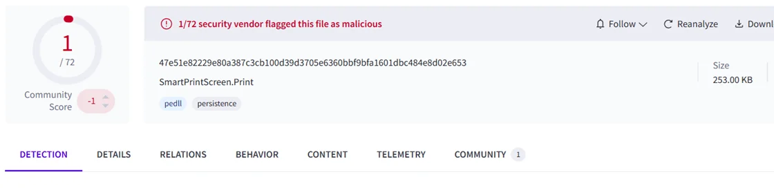 A screenshot of a 253 KB sample on VirusTotal taken on May 28, 2026 showing that only one of 72 vendors flagged this as malicious. 