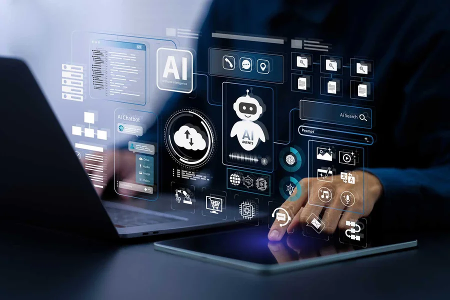 Person at laptop, with floating AI-app buttons and charts.
