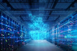 A datacenter with ephemeral glowing blue boxes.