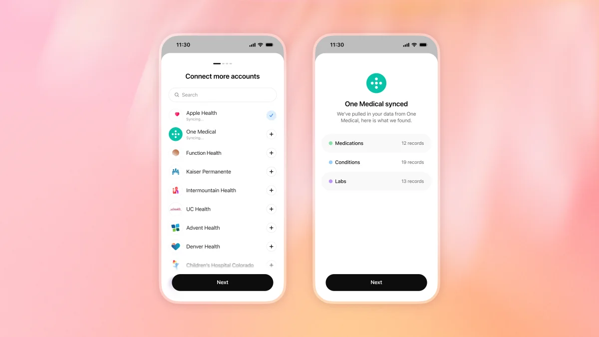 Two mobile phone mockups showing a list of healthcare accounts available to connect and a confirmation that One Medical data has synced, including medications, conditions, and lab records.