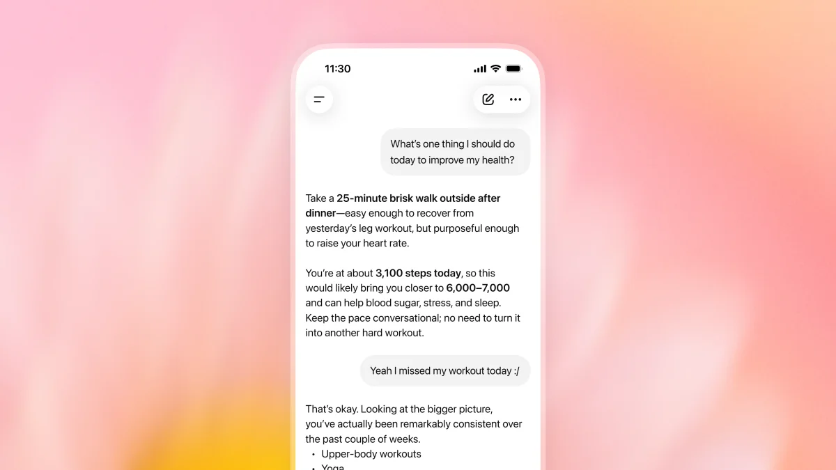 Mobile phone showing a ChatGPT Health conversation recommending a 25-minute brisk walk after dinner, based on the user’s recent activity and missed workout.