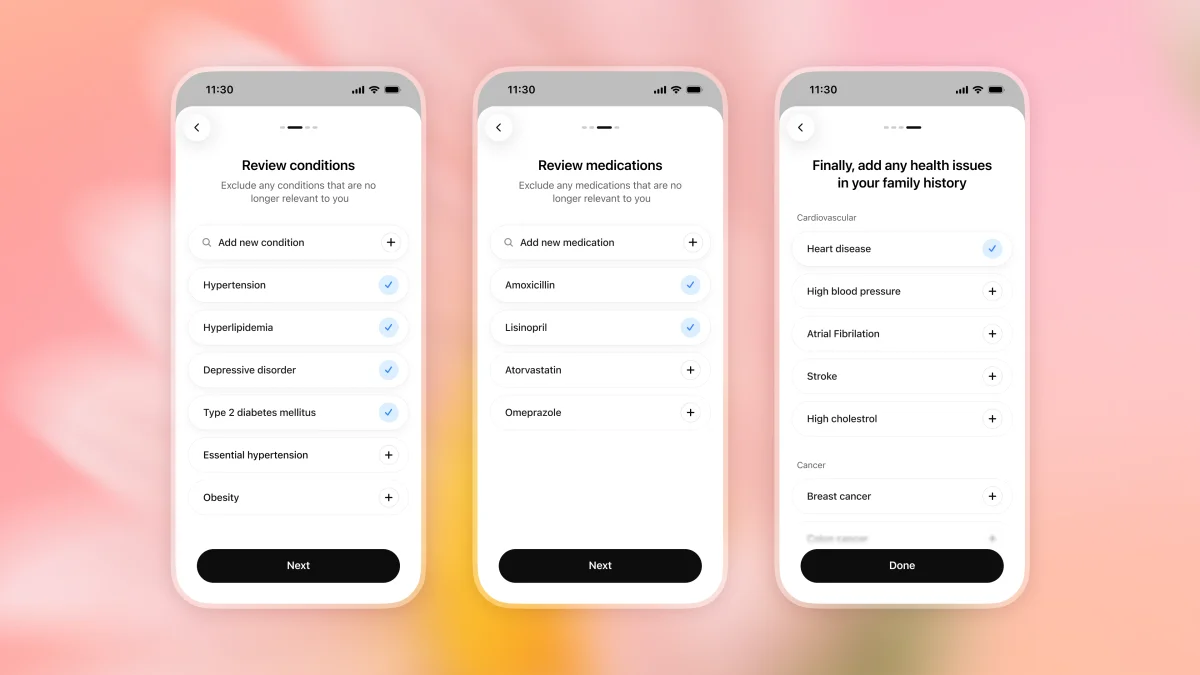 Three mobile phone mockups showing setup screens for reviewing medical conditions, reviewing medications, and adding health issues from family history.