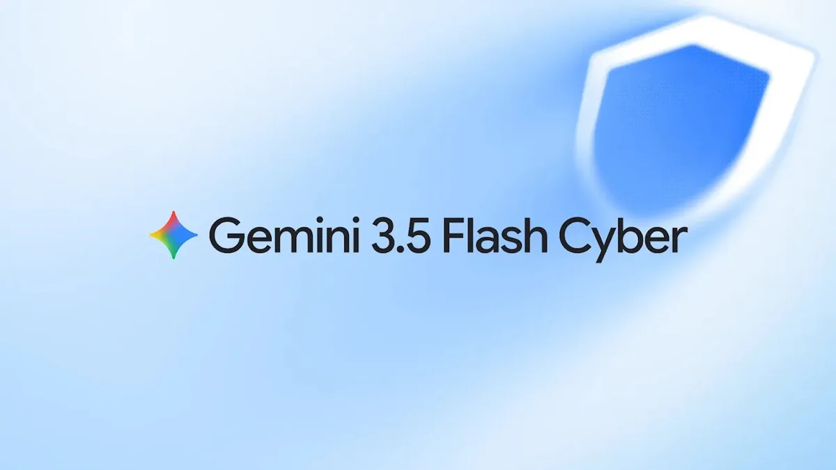Graphic featuring the text "Gemini 3.5 Flash Cyber" alongside a colorful star logo and a blurred blue shield on a light blue background.