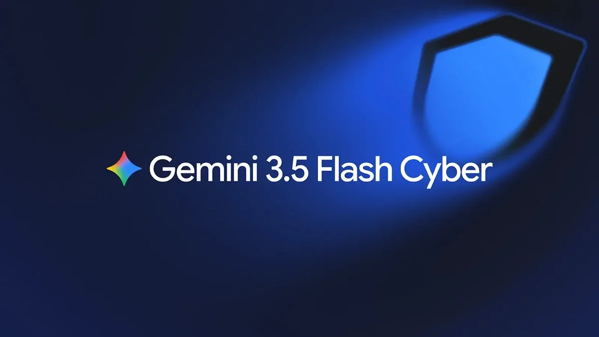 Graphic featuring the text "Gemini 3.5 Flash Cyber" alongside a colorful star logo and a blurred blue shield on a black background.