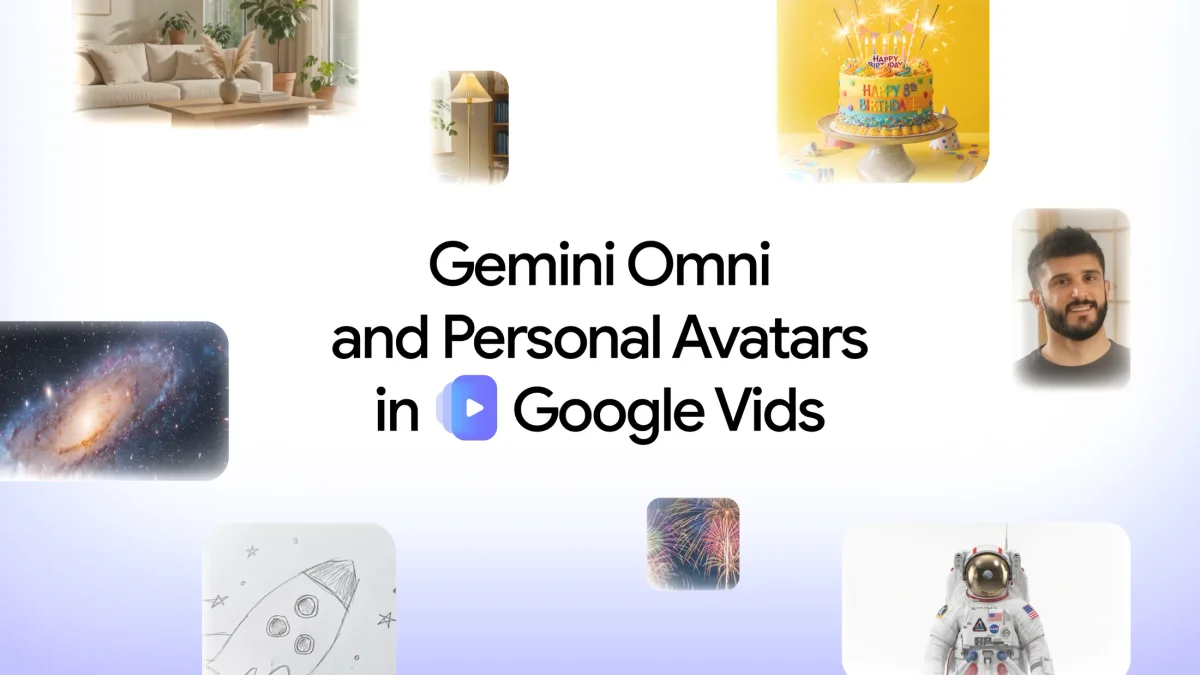 Text "Gemini Omni and Personal Avatars in Google Vids" surrounded by various images