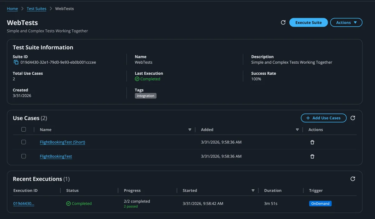 Test suite detail page showing use cases and execution history
