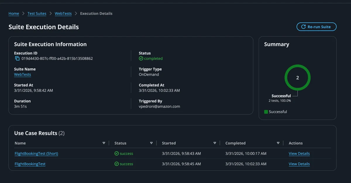 Suite execution results showing aggregate status and individual use case outcomes