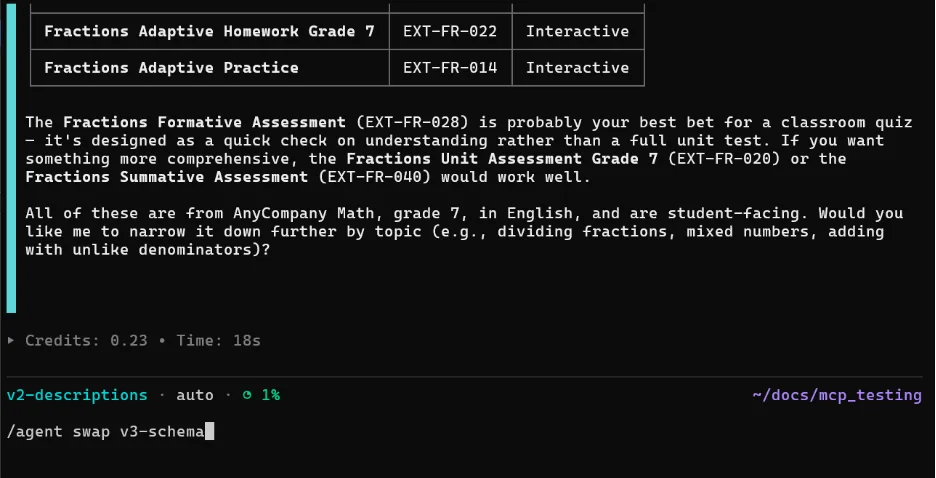 Kiro CLI showing fractions assessment search results from the v2-descriptions agent, with the /agent swap v3-schema command being entered