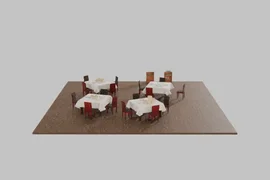 A spinning view of a 3D restaurant, including four tables bearing massive stacks of dimsum dishes, and shelves with board games and soda cans against one virtual wall.