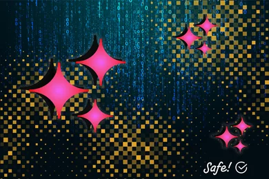 Sparkles, checkered patterns, and numbers in the background and the text "Safe" with a checkmark at the bottom right corner