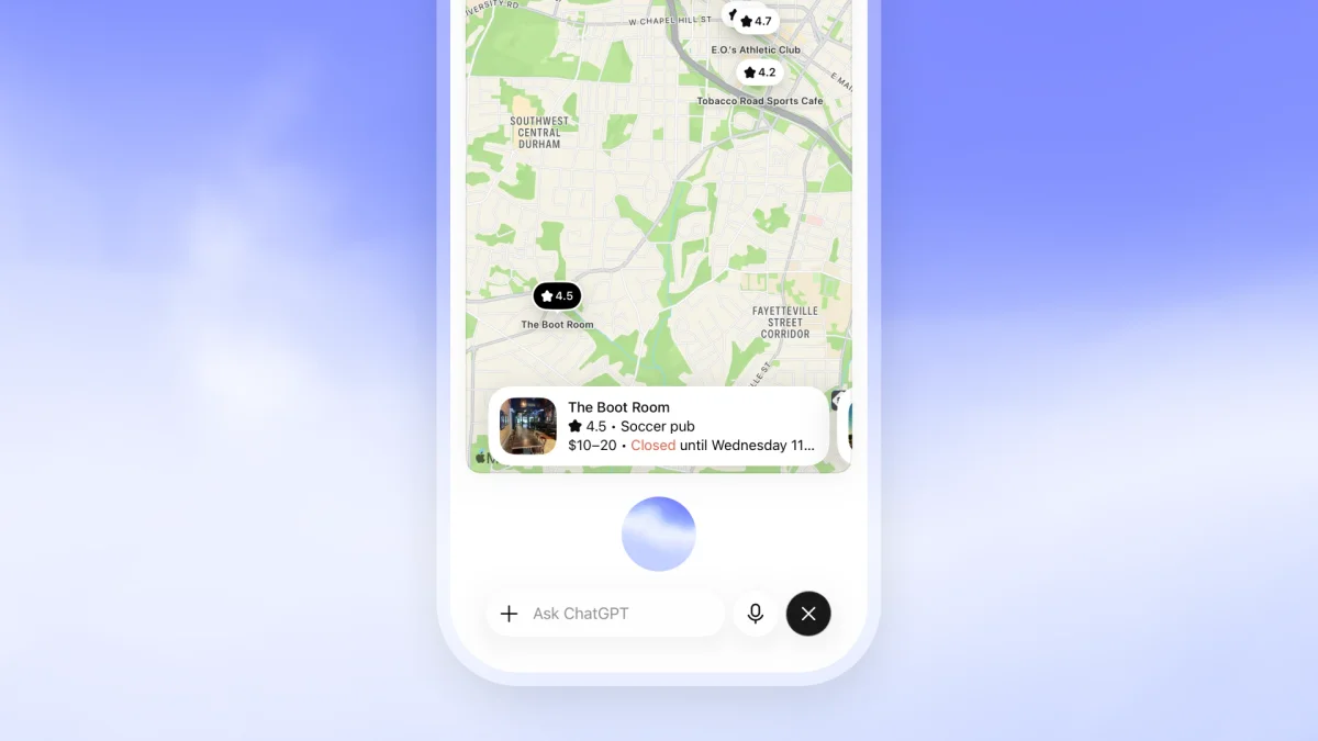 ChatGPT Voice displaying a map with nearby soccer pubs.