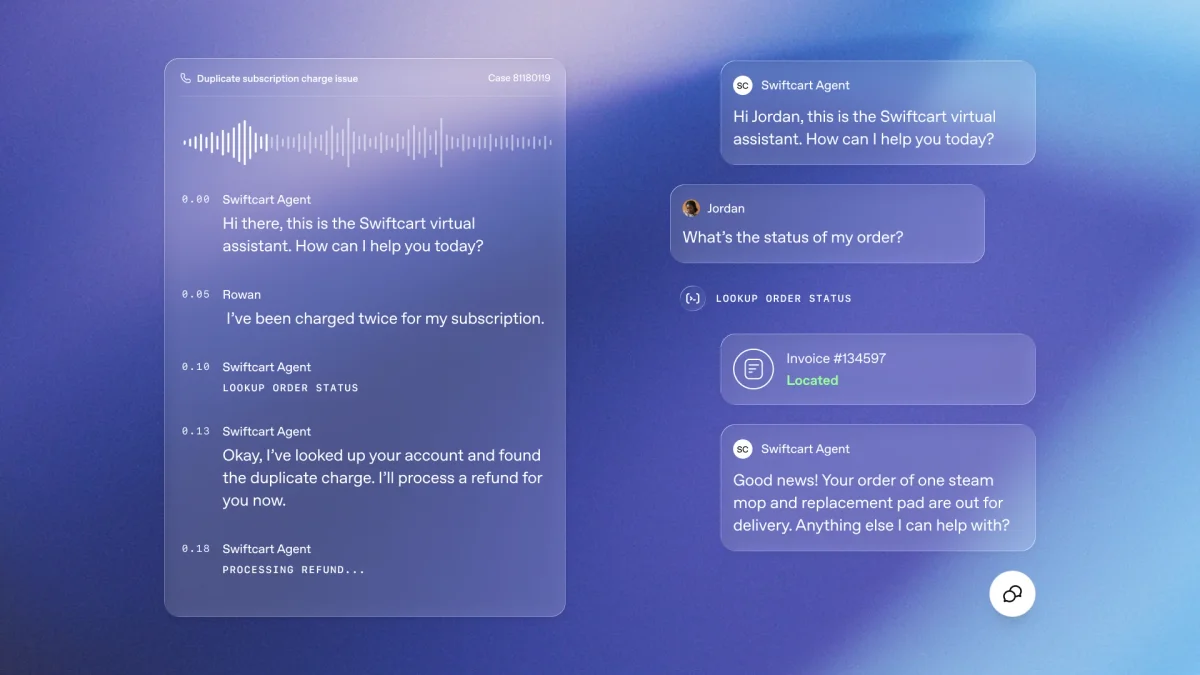 OpenAI Presence interface mockup showing a customer support conversation and related tool action.