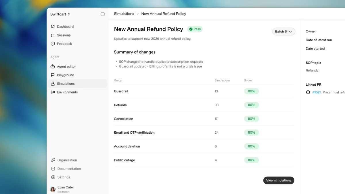 OpenAI Presence interface screenshot showing simulation results for a new annual refund policy.