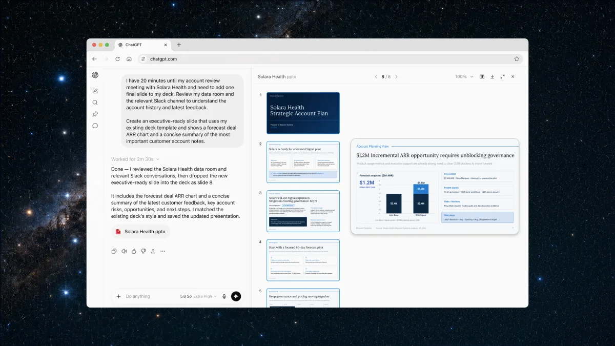 ChatGPT Work updates a strategic account plan slide deck after reviewing a customer data room and Slack conversations.