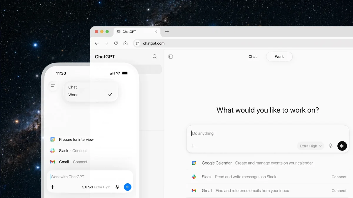 ChatGPT Work displayed on desktop and mobile, with Google Calendar, Slack, and Gmail integrations against a starry background.