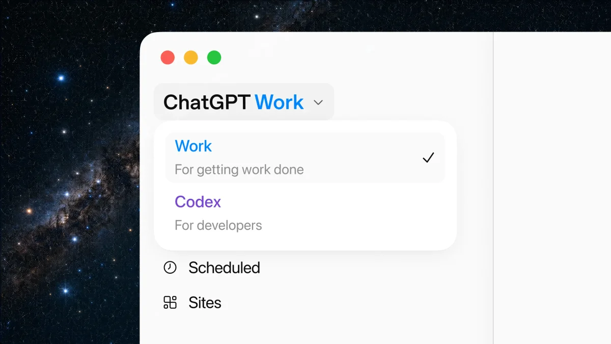 ChatGPT desktop app menu with Work selected above Codex, Scheduled, and Sites.