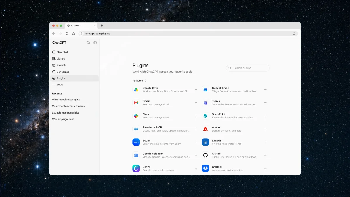 ChatGPT plugins directory showing connected tools including Google Drive, Outlook Email, Gmail, Teams, Slack, SharePoint, Salesforce, and Adobe Acrobat.