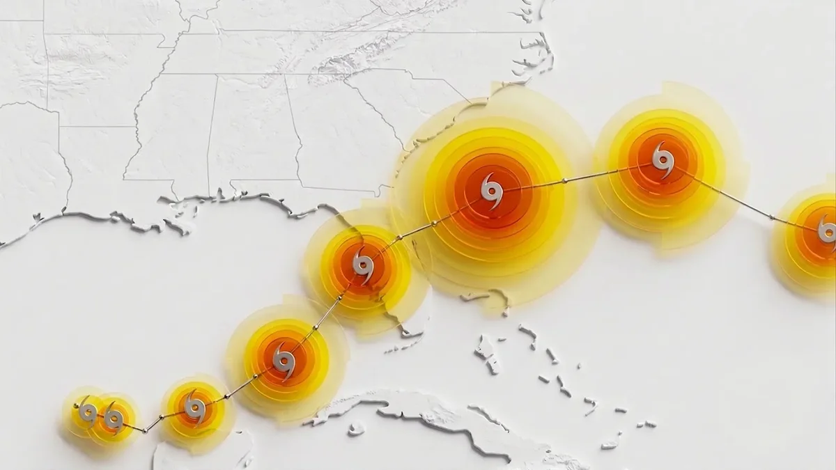 Stylized map showing a forecasted cyclone track over the southeastern United States, with concentric yellow and orange circles indicating storm path and intensity.
