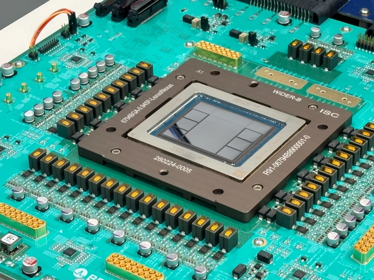 Close-up of the Jalapeño inference chip mounted on a teal circuit board.