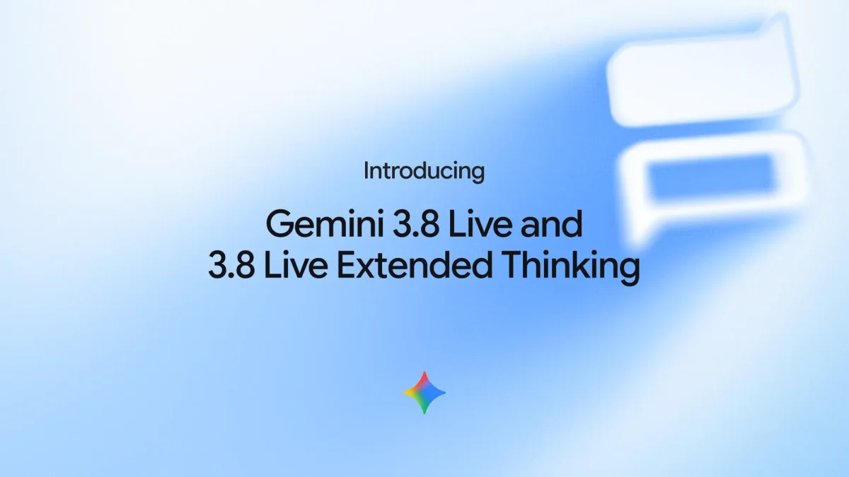 Text "Introducing Gemini 3.8 Live and 3.8 Live Extended Thinking" with the Gemini Spark, all on a light blue background