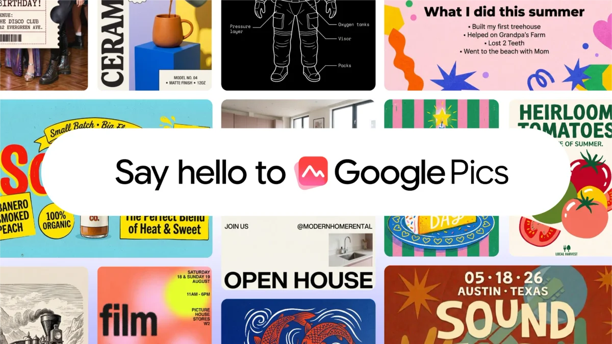 Collage of images created by Google Pics, with the text "Say hello to Google Pics" on top