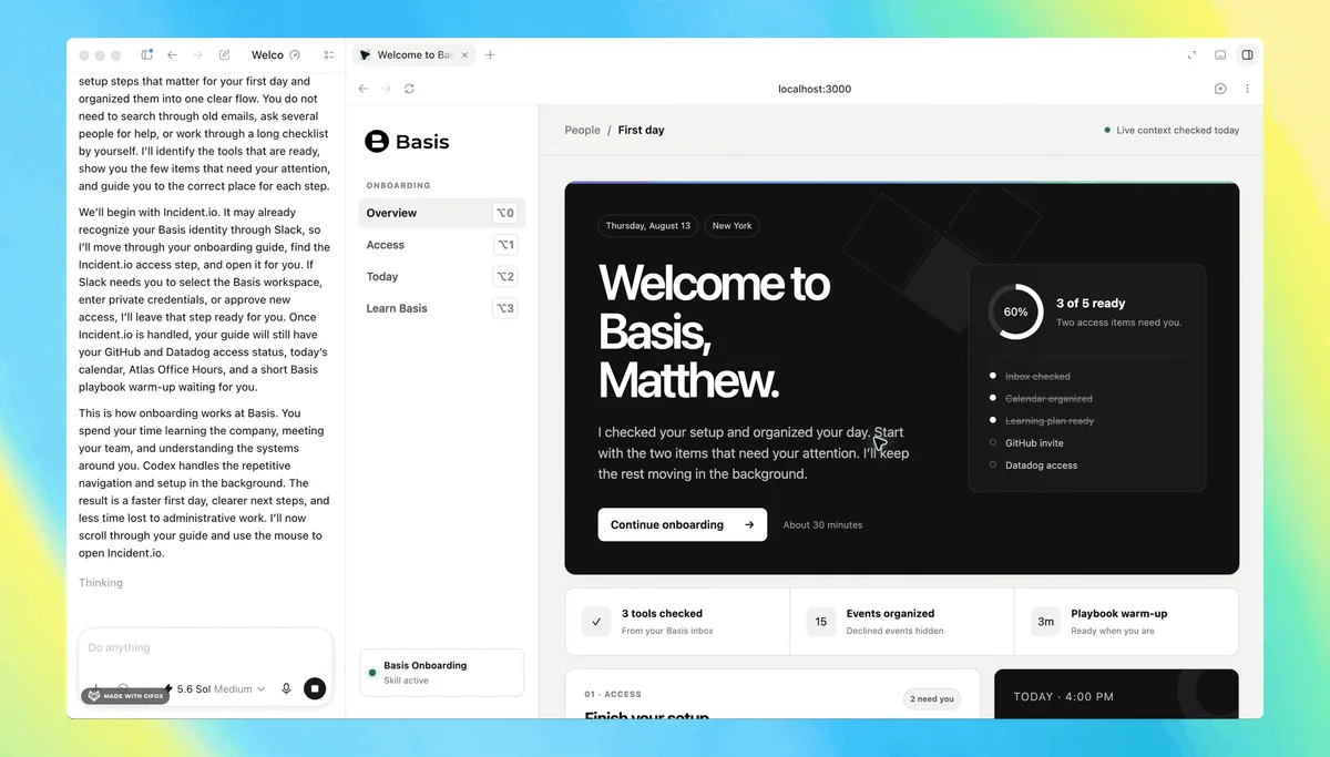 Animated demo of Basis’s AI-guided onboarding workspace, showing a first-day checklist and automated setup steps for a new employee named Matthew.
